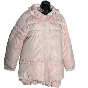 Kawaii Pink Puffer Ruffles Lace Kidcore Heart Mid Length Jacket Round Neck XL